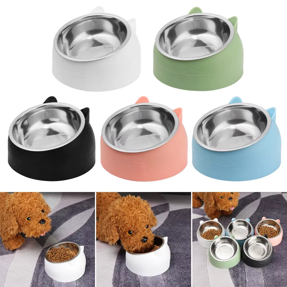 Cute Cat Dog Bowl Protect the Cervical Spine Oblique Mouth Pet Stainless Steel Fall-Resistant Food Bowl Pet Supplies